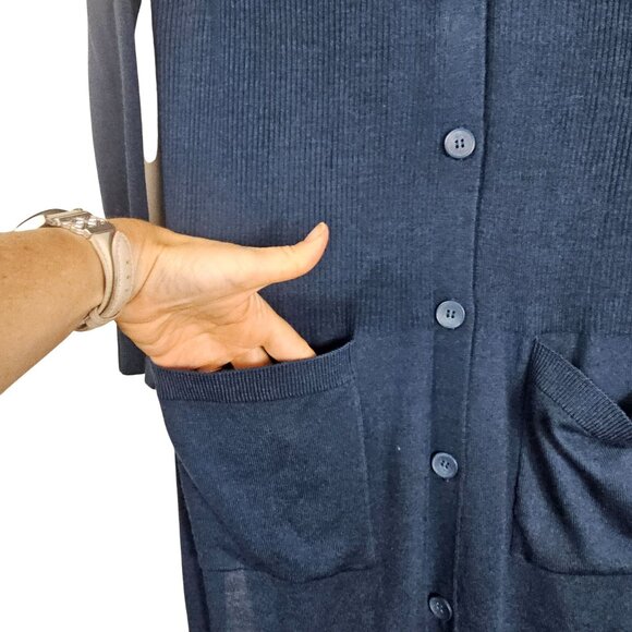 Halogen Merino Wool Blend Long Ribbed Cardigan L Teal Pockets Side Slits Relaxed - Picture 5 of 9